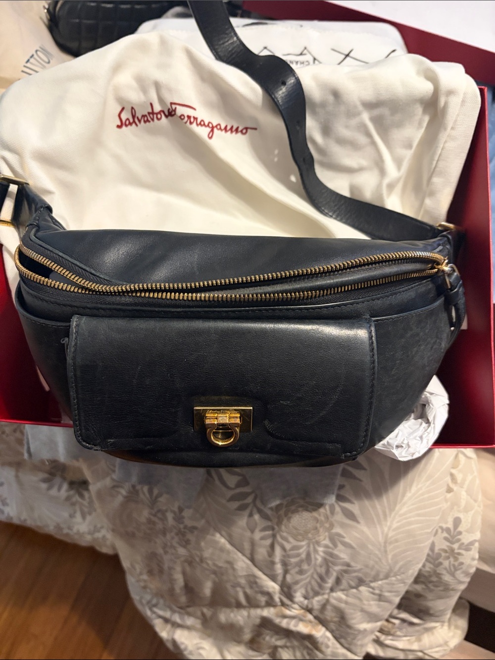 Salvatore Ferragamo Black Leather Belt Bag with Gold Hardware